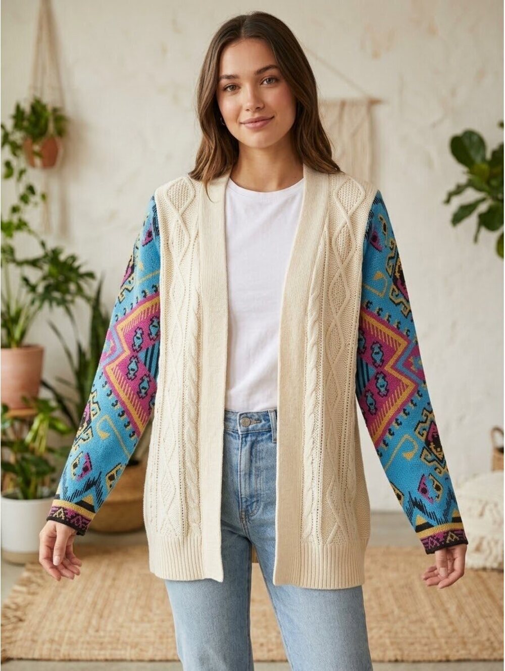 Flying Tomato Women's Open Front Cable Knit Cardigan with Colorful Patterned Swe